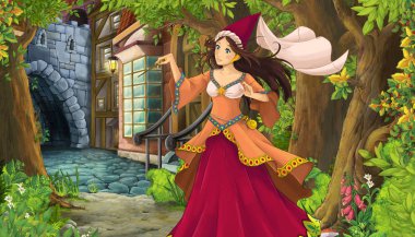 Ortaçağ şehir caddesiyle karikatür doğa sahnesi - illüstrasyon