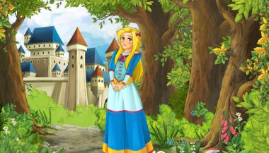 Ormanın yakınında güzel bir şatosu ve prensesi olan çizgi film doğa sahnesi - çocuklar için illüstrasyon