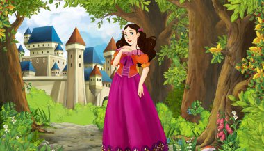 Ormanın yakınında güzel bir şatosu ve prensesi olan çizgi film doğa sahnesi - çocuklar için illüstrasyon