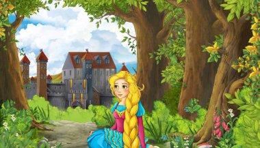 Ormanın yakınında güzel bir şatosu ve prensesi olan çizgi film doğa sahnesi - çocuklar için illüstrasyon