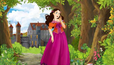 Ormanın yakınında güzel bir şatosu ve prensesi olan çizgi film doğa sahnesi - çocuklar için illüstrasyon