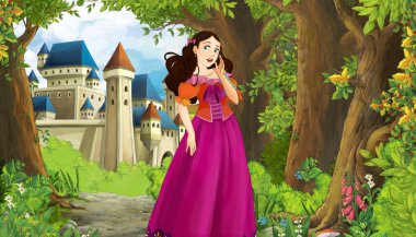 Ormanın yakınında güzel bir şatosu ve prensesi olan çizgi film doğa sahnesi - çocuklar için illüstrasyon