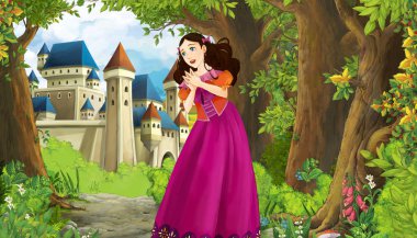 Ormanın yakınında güzel bir şatosu ve prensesi olan çizgi film doğa sahnesi - çocuklar için illüstrasyon