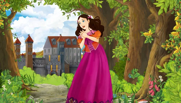 Cena da natureza dos desenhos animados com belo castelo perto da floresta e da princesa ilustração para as crianças — Fotografia de Stock