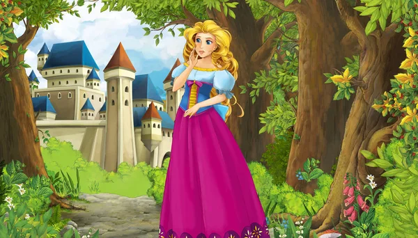 Cartoon nature scene with beautiful castle near the forest and princess - illustration for the children — 스톡 사진