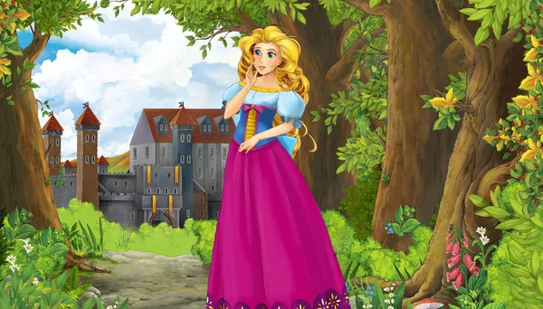 Kreskówka natura scena z pięknym zamku w pobliżu lasu i księżniczka - ilustracja dla dzieci — Zdjęcie stockowe