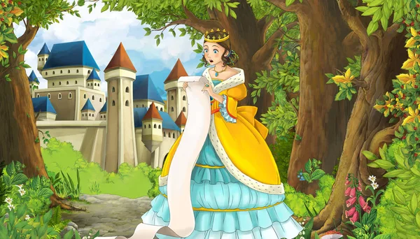 森と王女の近くの美しい城と漫画の自然シーン-子供たちのためのイラスト — ストック写真