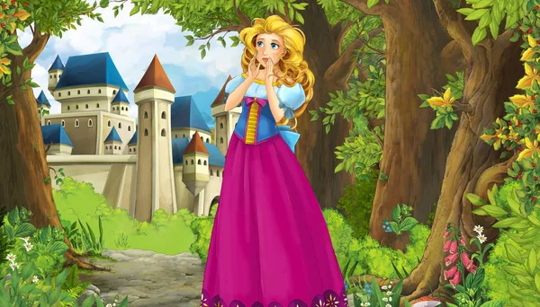Kreskówka natura scena z pięknym zamku w pobliżu lasu i księżniczka - ilustracja dla dzieci — Zdjęcie stockowe