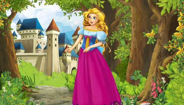 森林附近有美丽城堡的卡通自然场景和公主- -儿童插图 — 图库照片