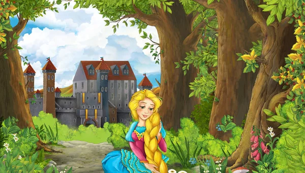 Cartoon nature scene with beautiful castle near the forest and princess - illustration for the children — 스톡 사진