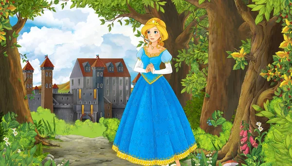 Cartoon-Naturszene mit wunderschönem Schloss in Waldnähe und Prinzessin - Illustration für die Kinder — Stockfoto