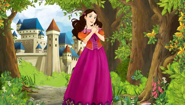 Dessin animé scène de nature avec beau château près de la forêt et la princesse - illustration pour les enfants — Photo