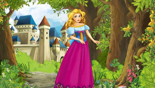 Dibujos animados escena de la naturaleza con hermoso castillo cerca del bosque y la princesa - ilustración para los niños — Foto de Stock