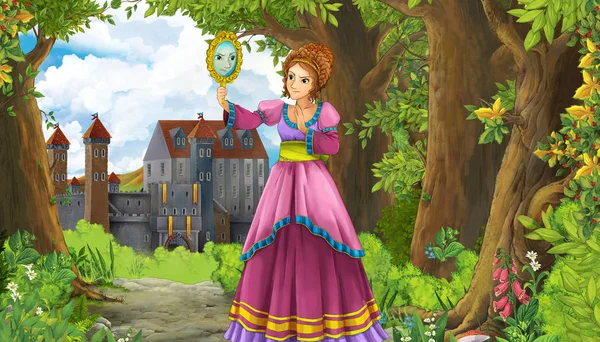 Dibujos animados escena de la naturaleza con hermoso castillo cerca del bosque y la princesa - ilustración para los niños —  Fotos de Stock