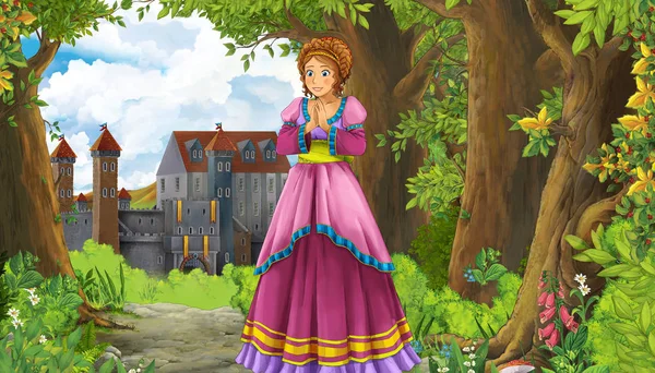 Scena di natura del fumetto con bellissimo castello vicino alla foresta e alla principessa - illustrazione per i bambini — Foto Stock