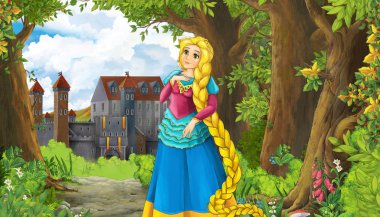 Ormanın yakınında güzel bir şatosu ve prensesi olan çizgi film doğa sahnesi - çocuklar için illüstrasyon