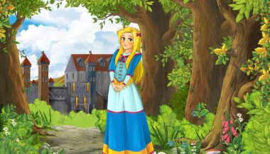 Ormanın yakınında güzel bir şatosu ve prensesi olan çizgi film doğa sahnesi - çocuklar için illüstrasyon