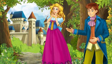 Karikatür doğa sahnesi. Ormanın yanında güzel bir şato ve prenses.