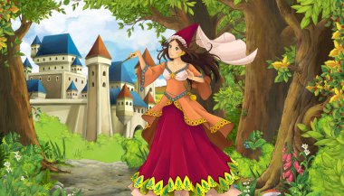Ormanın yakınında güzel bir şatosu ve prensesi olan çizgi film doğa sahnesi - çocuklar için illüstrasyon