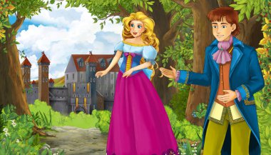 Karikatür doğa sahnesi. Ormanın yanında güzel bir şato ve prenses.