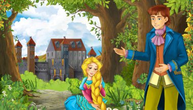 Karikatür doğa sahnesi. Ormanın yanında güzel bir şato ve prenses.