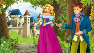 Karikatür doğa sahnesi. Ormanın yanında güzel bir şato ve prenses.