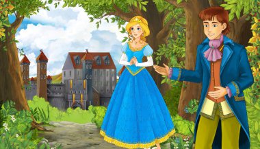 Karikatür doğa sahnesi. Ormanın yanında güzel bir şato ve prenses.