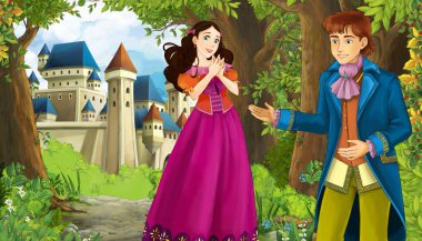 Karikatür doğa sahnesi. Ormanın yanında güzel bir şato ve prenses.