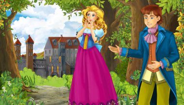 Karikatür doğa sahnesi. Ormanın yanında güzel bir şato ve prenses.