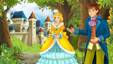 Karikatür doğa sahnesi. Ormanın yanında güzel bir şato ve prenses.