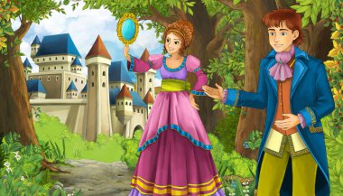 Karikatür doğa sahnesi. Ormanın yanında güzel bir şato ve prenses.