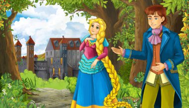 Karikatür doğa sahnesi. Ormanın yanında güzel bir şato ve prenses.