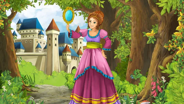 Cartoon příroda scéna s krásným zámkem v blízkosti lesa a princezna - ilustrace pro děti — Stock fotografie