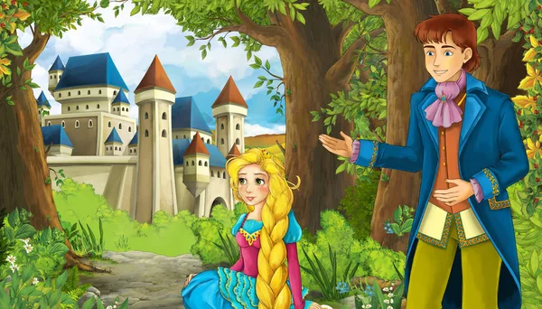 Cartoon-Natur-Szene mit schönem Schloss in der Nähe des Waldes und der Prinzessin — Stockfoto