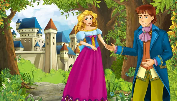 Cartoon natuur scène met prachtig kasteel in de buurt van het bos en prinses — Stockfoto