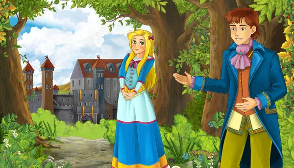 Cartoon příroda scéna s krásným zámkem v blízkosti lesa a princezna — Stock fotografie