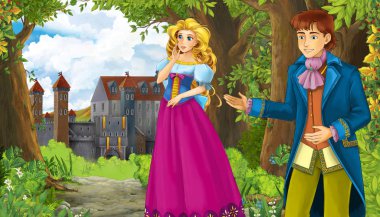 Karikatür doğa sahnesi. Ormanın yanında güzel bir şato ve prenses.