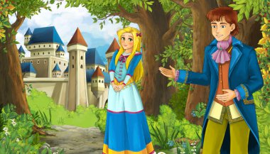 Karikatür doğa sahnesi. Ormanın yanında güzel bir şato ve prenses.