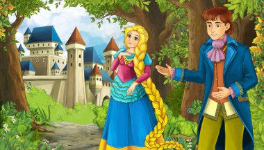 Karikatür doğa sahnesi. Ormanın yanında güzel bir şato ve prenses.