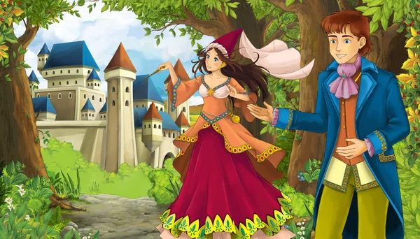 Dessin animé scène de nature avec beau château près de la forêt et la princesse — Photo