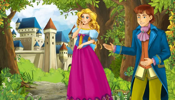Scena di natura del fumetto con bellissimo castello vicino alla foresta e alla principessa — Foto Stock