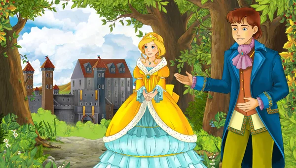Cartoon natuur scène met prachtig kasteel in de buurt van het bos en prinses — Stockfoto