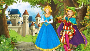 Ormanın yakınında güzel bir şatosu olan çizgi film doğa sahnesi.