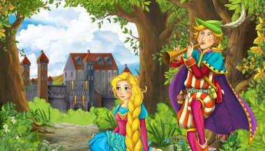 Ormanın yakınında güzel bir şatosu olan çizgi film doğa sahnesi.