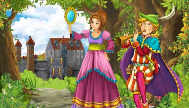 Ormanın yakınında güzel bir şatosu olan çizgi film doğa sahnesi.