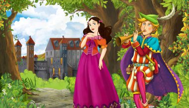 Ormanın yakınında güzel bir şatosu olan çizgi film doğa sahnesi.