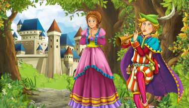 Ormanın yakınında güzel bir şatosu olan çizgi film doğa sahnesi.