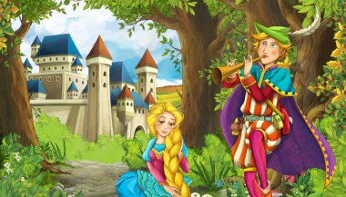 Ormanın yakınında güzel bir şatosu olan çizgi film doğa sahnesi.