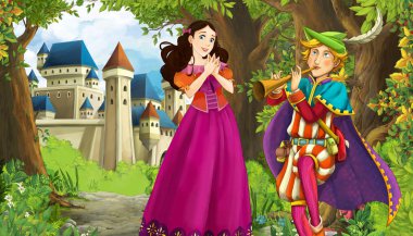 Ormanın yakınında güzel bir şatosu olan çizgi film doğa sahnesi.