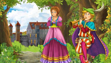 Ormanın yakınında güzel bir şatosu olan çizgi film doğa sahnesi.